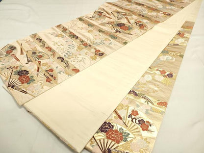 平和屋着物◎六通柄袋帯　唐織　扇面花松文　金糸　正絹　逸品　DAAK8180bc