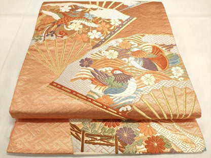 平和屋着物◎六通太鼓柄袋帯 唐織 扇面花鳥文 金糸 正絹 逸品 DAAK8182bc
