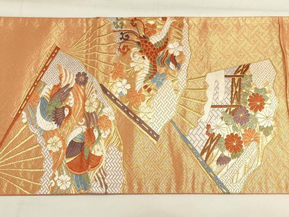 平和屋着物◎六通太鼓柄袋帯 唐織 扇面花鳥文 金糸 正絹 逸品 DAAK8182bc