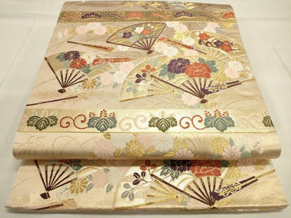 平和屋着物◎六通柄袋帯　唐織　扇面花松文　金糸　正絹　逸品　DAAK8180bc