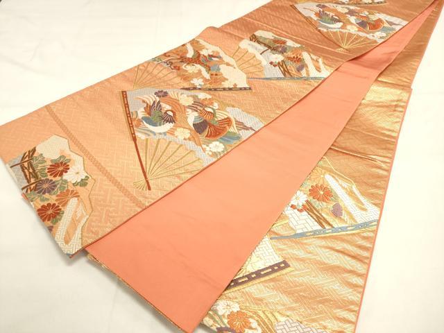 平和屋着物◎六通太鼓柄袋帯 唐織 扇面花鳥文 金糸 正絹 逸品 DAAK8182bc