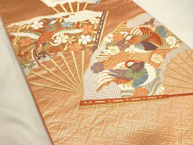 平和屋着物◎六通太鼓柄袋帯 唐織 扇面花鳥文 金糸 正絹 逸品 DAAK8182bc