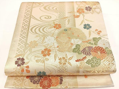 平和屋着物◎六通柄袋帯 流水草花文 金銀糸 正絹 逸品 DAAL3565cd