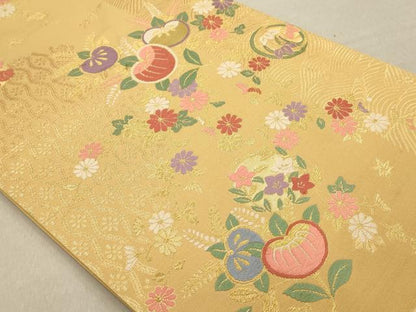 平和屋着物◎六通柄袋帯　唐織　草花文　金糸　正絹　逸品　AAAN3454tm