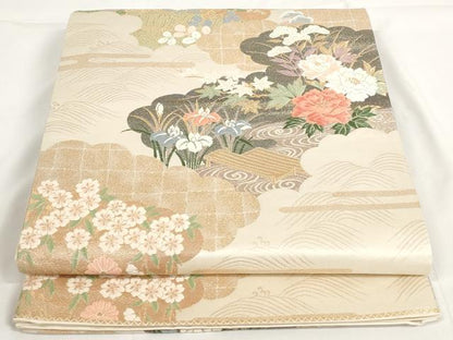 平和屋着物◎六通柄袋帯 唐織 雲取り流水花文 金糸 正絹 逸品 AAAO6783st