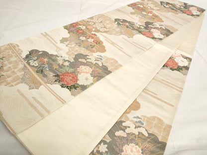 平和屋着物◎六通柄袋帯 唐織 雲取り流水花文 金糸 正絹 逸品 AAAO6783st