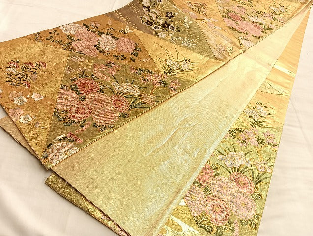 平和屋着物■六通柄袋帯 切嵌枝花文 金糸 正絹 逸品 BAAN0781du