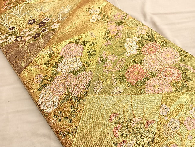 平和屋着物■六通柄袋帯 切嵌枝花文 金糸 正絹 逸品 BAAN0781du