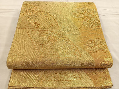 平和屋着物■佐賀錦　六通柄袋帯　扇面花文　金糸　正絹　逸品　BAAN5676ea