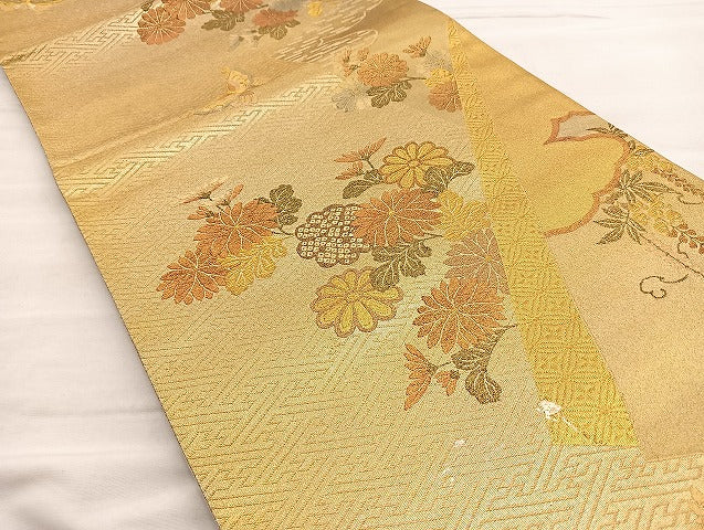 平和屋着物■六通柄袋帯　色紙重ね舞蝶菊文　金糸　正絹　逸品　BAAN5442ea