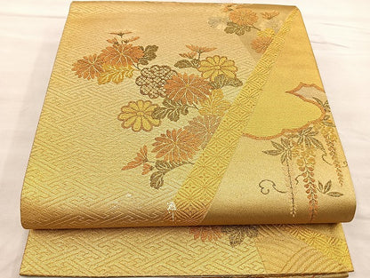平和屋着物■六通柄袋帯　色紙重ね舞蝶菊文　金糸　正絹　逸品　BAAN5442ea