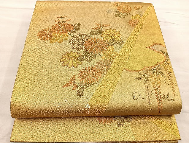 平和屋着物■六通柄袋帯　色紙重ね舞蝶菊文　金糸　正絹　逸品　BAAN5442ea