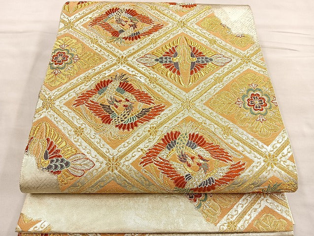平和屋着物■六通柄袋帯 向かい鳳凰菱天井文 金銀糸 引箔 正絹 逸品 BAAN5456ea