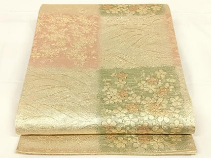 平和屋着物◎佐賀錦 六通柄袋帯 市松草花文 金糸 正絹 逸品 AAAO4859wt