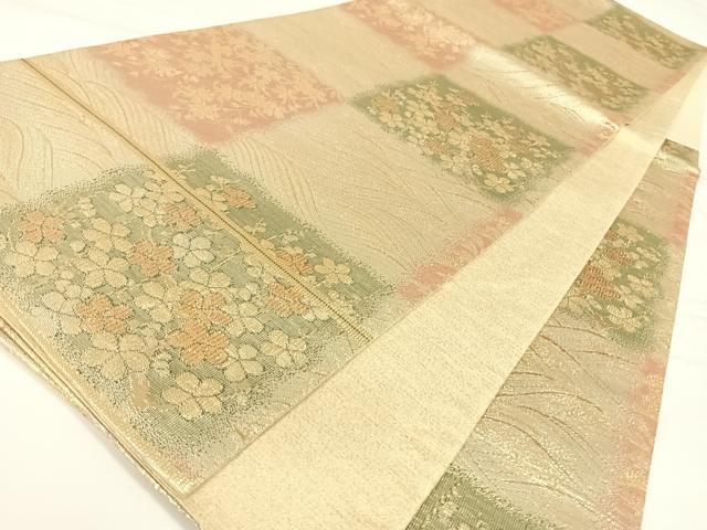 平和屋着物◎佐賀錦 六通柄袋帯 市松草花文 金糸 正絹 逸品 AAAO4859wt