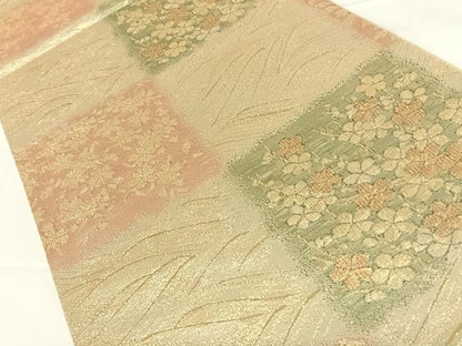 平和屋着物◎佐賀錦 六通柄袋帯 市松草花文 金糸 正絹 逸品 AAAO4859wt