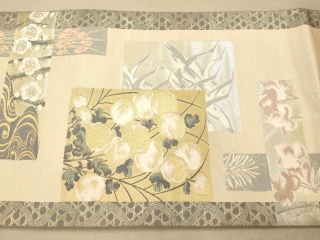 平和屋着物◎六通太鼓柄袋帯 色紙花鳥文 金糸 正絹 逸品 AAAO3845fw