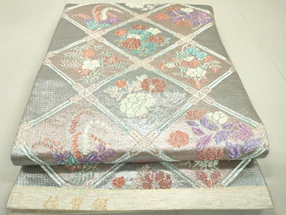 平和屋着物●六通柄袋帯 佐賀綴 天井草花文 銀糸 正絹 逸品 DAAM2198fe