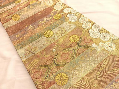 平和屋着物●六通柄袋帯 鳳凰横段秋草文 金糸 正絹 逸品 BAAL2863du