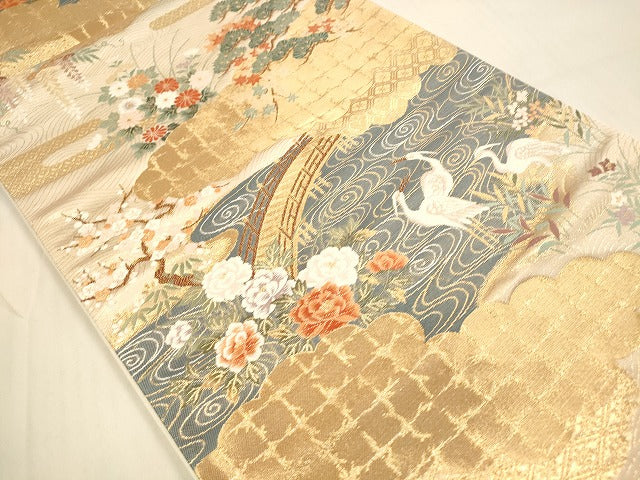 平和屋着物◎六通柄袋帯　唐織　神泉白鷺図　金糸　正絹　逸品　DAAK7564xg