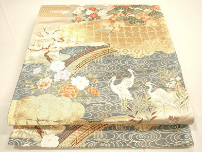 平和屋着物◎六通柄袋帯　唐織　神泉白鷺図　金糸　正絹　逸品　DAAK7564xg