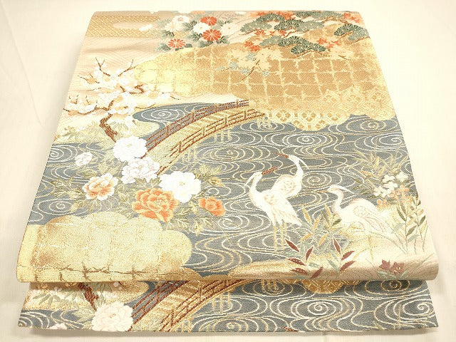 平和屋着物◎六通柄袋帯　唐織　神泉白鷺図　金糸　正絹　逸品　DAAK7564xg