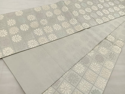 平和屋着物●六通柄袋帯 有職唐織 菊尽くし 銀糸 正絹 逸品 BAAO4265ea