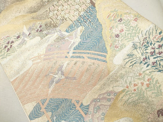 平和屋着物◎六通太鼓柄袋帯 渡り橋遠山飛鶴花文 金銀糸 正絹 逸品 CAAN7216kb