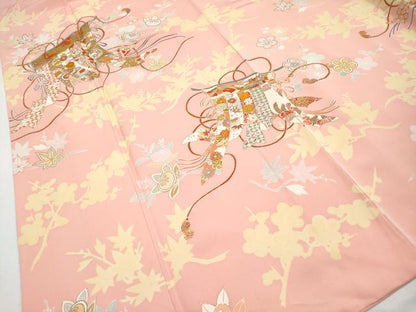 平和屋本店●極上　創業460年・千總　訪問着　刺繍　几帳鳳凰吉祥花文　金彩　珊瑚色地　逸品　CYAA2999s5