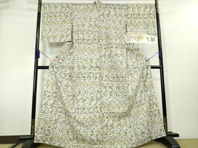 平和屋本店＊極上 夏物 石川県指定無形文化財 夏牛首紬 白山工房 手織り 草花文 証紙付き 逸品 DZAA0096kh5