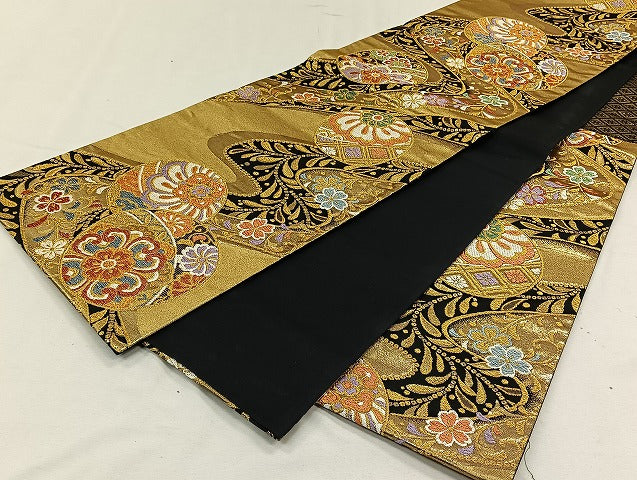 平和屋着物◎六通柄袋帯　流水草花丸文　金糸　正絹　逸品　CAAN3676qv