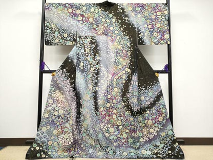 平和屋本店●極上 訪問着 辻が花 絞り 暈し染め 黒地 金通し地 逸品 CYAA1598s5