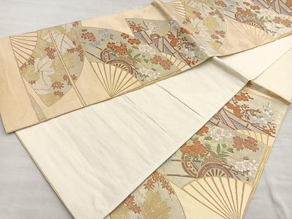 平和屋着物◎六通柄袋帯　唐織　扇面花車若松葉文　金糸　正絹　逸品BAAQ5921ea