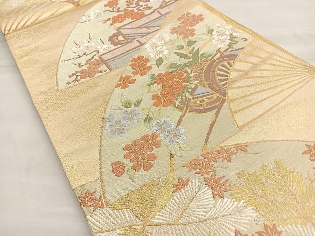 平和屋着物◎六通柄袋帯　唐織　扇面花車若松葉文　金糸　正絹　逸品BAAQ5921ea