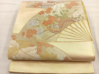 平和屋着物◎六通柄袋帯　唐織　扇面花車若松葉文　金糸　正絹　逸品BAAQ5921ea