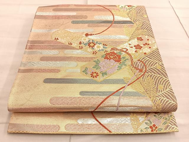 平和屋着物◎六通柄袋帯 唐織 エ霞文箱草花文 金銀糸 正絹 逸品 BAAQ4059du
