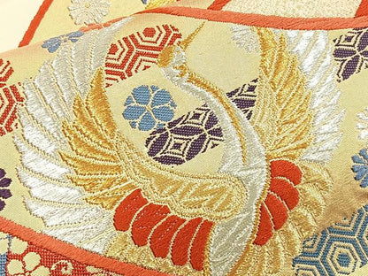平和屋着物◎六通柄袋帯 唐織 源氏車飛鶴文 金銀糸 正絹 逸品 BAAQ6263if