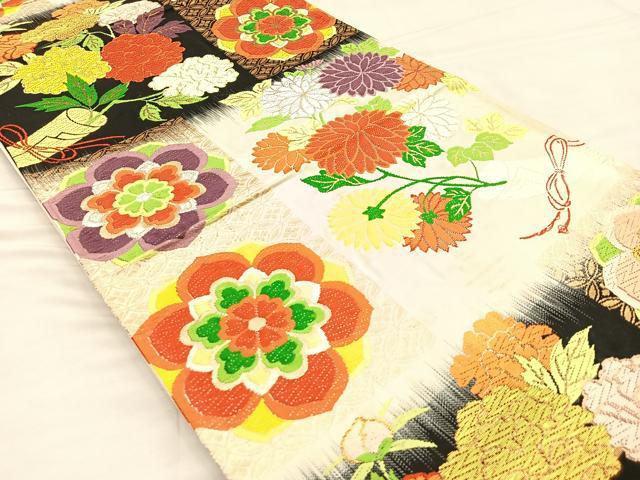 平和屋着物◎六通柄袋帯 唐織 花文 黒地 金銀糸 正絹 逸品 BAAQ6273if