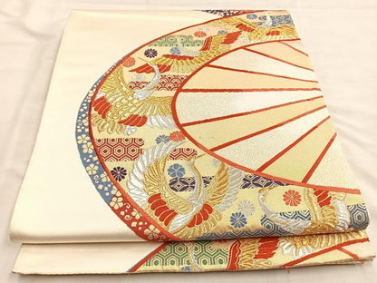 平和屋着物◎六通柄袋帯 唐織 源氏車飛鶴文 金銀糸 正絹 逸品 BAAQ6263if