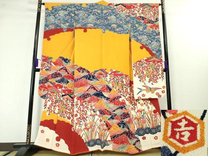 平和屋本店■極上　和染紅型　栗山紅型　栗山吉三郎　振袖　重ね山花鳥文　鬼しぼ縮緬　逸品　未使用　DZAA3860kh5