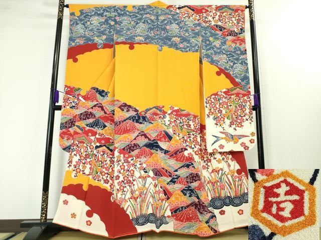 平和屋本店■極上　和染紅型　栗山紅型　栗山吉三郎　振袖　重ね山花鳥文　鬼しぼ縮緬　逸品　未使用　DZAA3860kh5