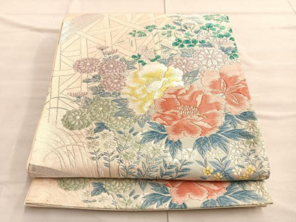 平和屋着物◎六通柄袋帯 唐織 籬草花文 銀糸 正絹 逸品 BAAQ4087du