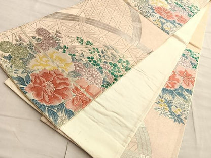平和屋着物◎六通柄袋帯 唐織 籬草花文 銀糸 正絹 逸品 BAAQ4087du