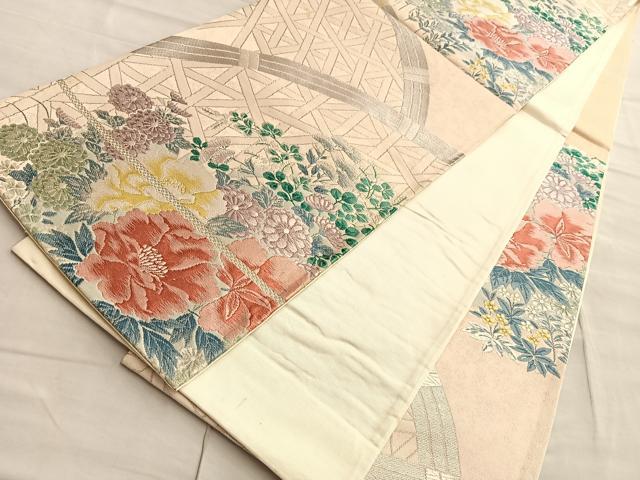 平和屋着物◎六通柄袋帯 唐織 籬草花文 銀糸 正絹 逸品 BAAQ4087du