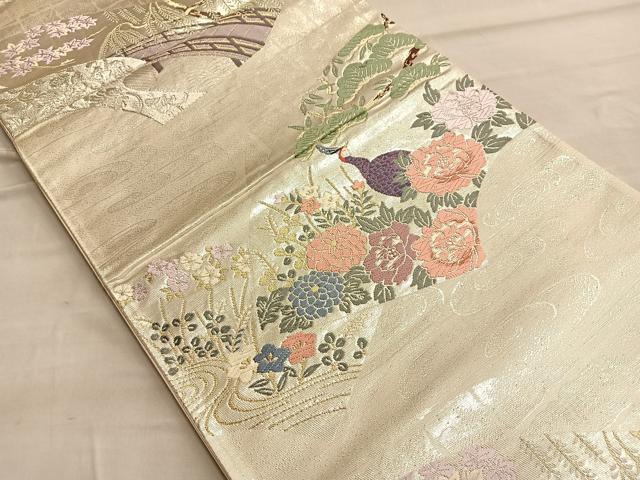 平和屋着物◎西陣 六通柄袋帯 唐織 華鳥春景 金銀糸 正絹 逸品 BAAQ4117du