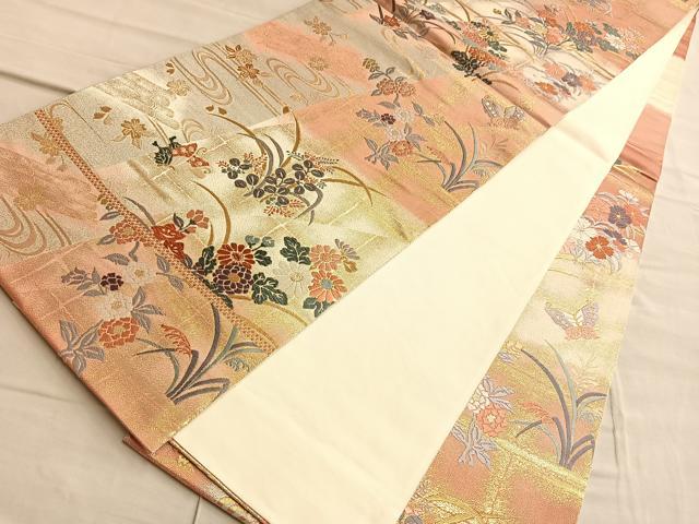 平和屋着物◎六通柄袋帯　唐織　遠山重ね秋草文　金糸　正絹　逸品　BAAQ4128du