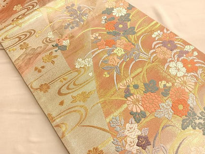 平和屋着物◎六通柄袋帯　唐織　遠山重ね秋草文　金糸　正絹　逸品　BAAQ4128du