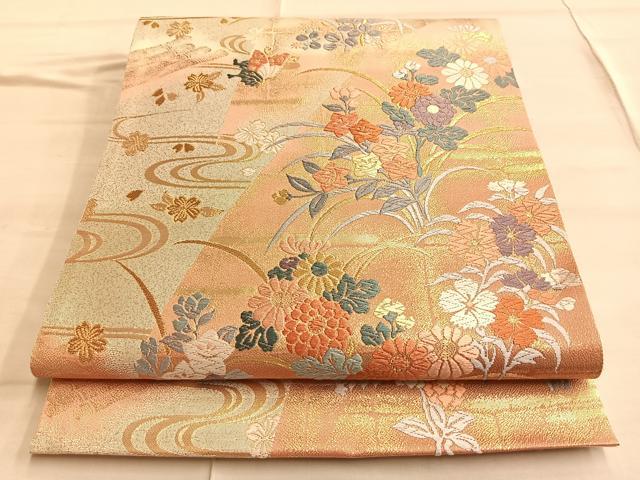 平和屋着物◎六通柄袋帯　唐織　遠山重ね秋草文　金糸　正絹　逸品　BAAQ4128du