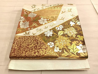 平和屋着物◎太鼓柄袋帯 駒刺繍 有職更紗花文 金糸 引箔 正絹 逸品 BAAQ4136du