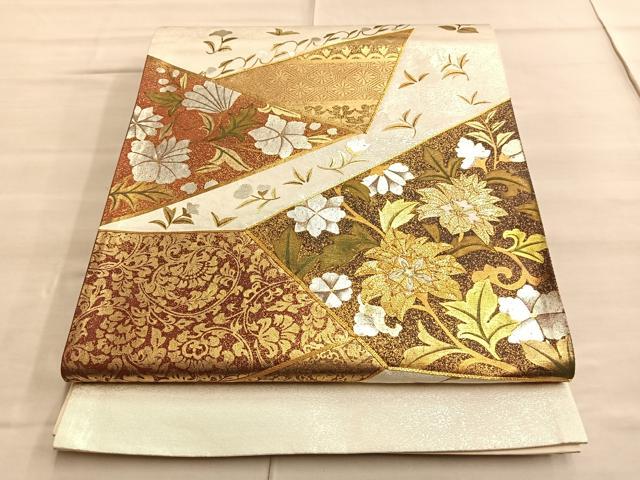 平和屋着物◎太鼓柄袋帯 駒刺繍 有職更紗花文 金糸 引箔 正絹 逸品 BAAQ4136du